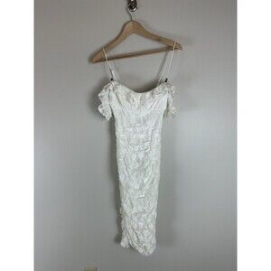 Selfie Leslie XS Matilda Frill Midi Dress White Lace Bridal Bride Romance Ruched